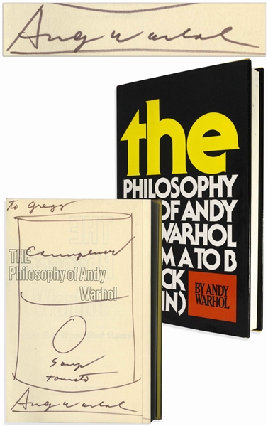 Andy Warhol Sketches His Famous Campbells Soup Can -- Drawn Upon a Signed First Edition of The Philosophy of Andy Warhol